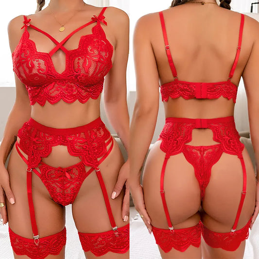 3-Piece Sexy Lingerie Set with Garters - See Through Bra and Panty for Women - Erotic Underwear Costume
